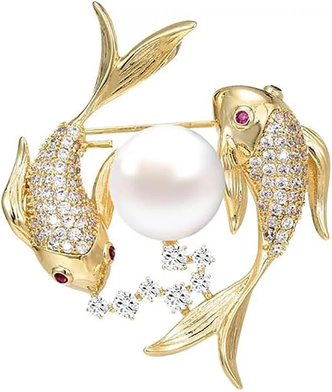 14K Gold Moissanite Encrusted Chinese Style Double Koi Fish Brooch with Freshwater Pearls, Sophisticated and Lucky Coat Pin, A Luxurious Gift Symbolizing Good Fortune