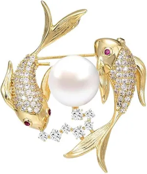 14K Gold Moissanite Encrusted Chinese Style Double Koi Fish Brooch with Freshwater Pearls, Sophisticated and Lucky Coat Pin, A Luxurious Gift Symbolizing Good Fortune