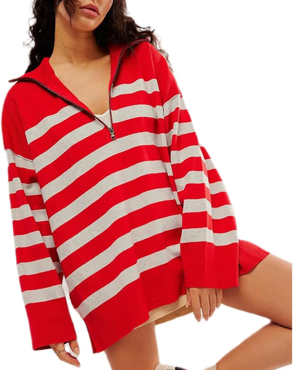 Amiblvowa Striped Half Quarter Zip Sweaters for Women Long Sleeve Drop Shoulder Pullover Oversized Sweatshirt Top Y2K Hoodie