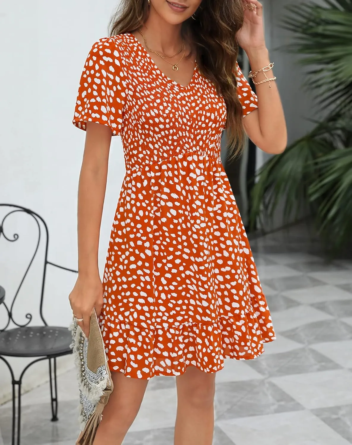 Annebouti Womens 2024 Summer Casual Flowy Mini Dresses Floral Smocked Short Sleeve V Neck Babydoll Maternity Dress