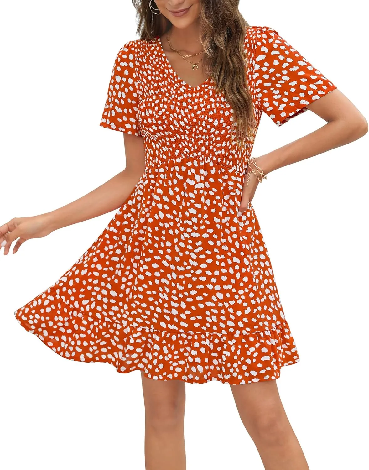 Annebouti Womens 2024 Summer Casual Flowy Mini Dresses Floral Smocked Short Sleeve V Neck Babydoll Maternity Dress