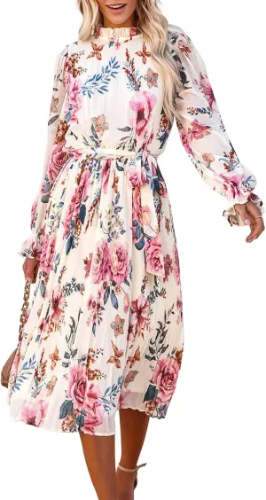 ANRABESS Women's Floral Midi Dress Puff Long Sleeve Casual Ruffle Chiffon A-Line Swing Pleated Belted Tea Party Dresses
