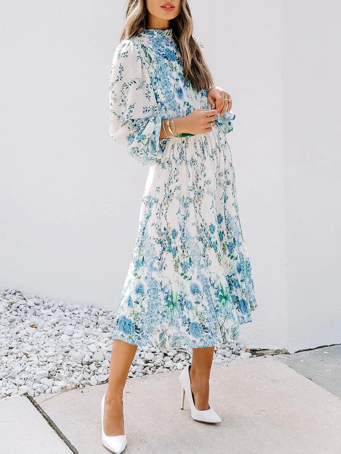 ANRABESS Women's Floral Midi Dress Puff Long Sleeve Casual Ruffle Chiffon A-Line Swing Pleated Belted Tea Party Dresses