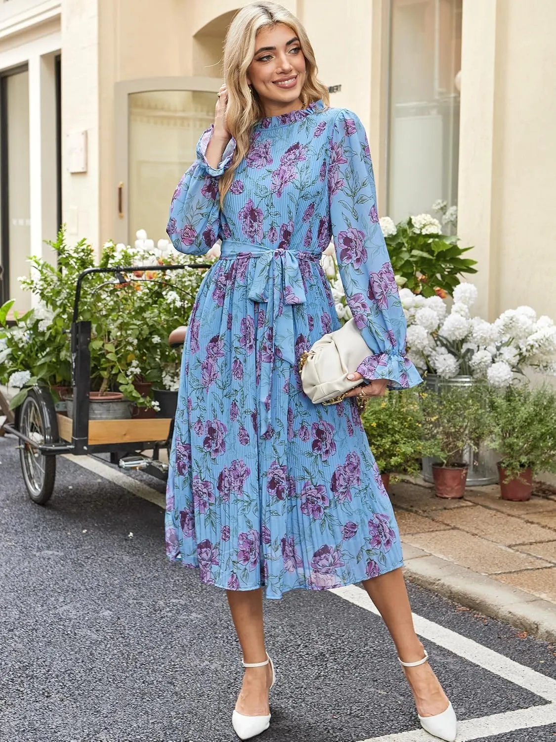 ANRABESS Women's Floral Midi Dress Puff Long Sleeve Casual Ruffle Chiffon A-Line Swing Pleated Belted Tea Party Dresses