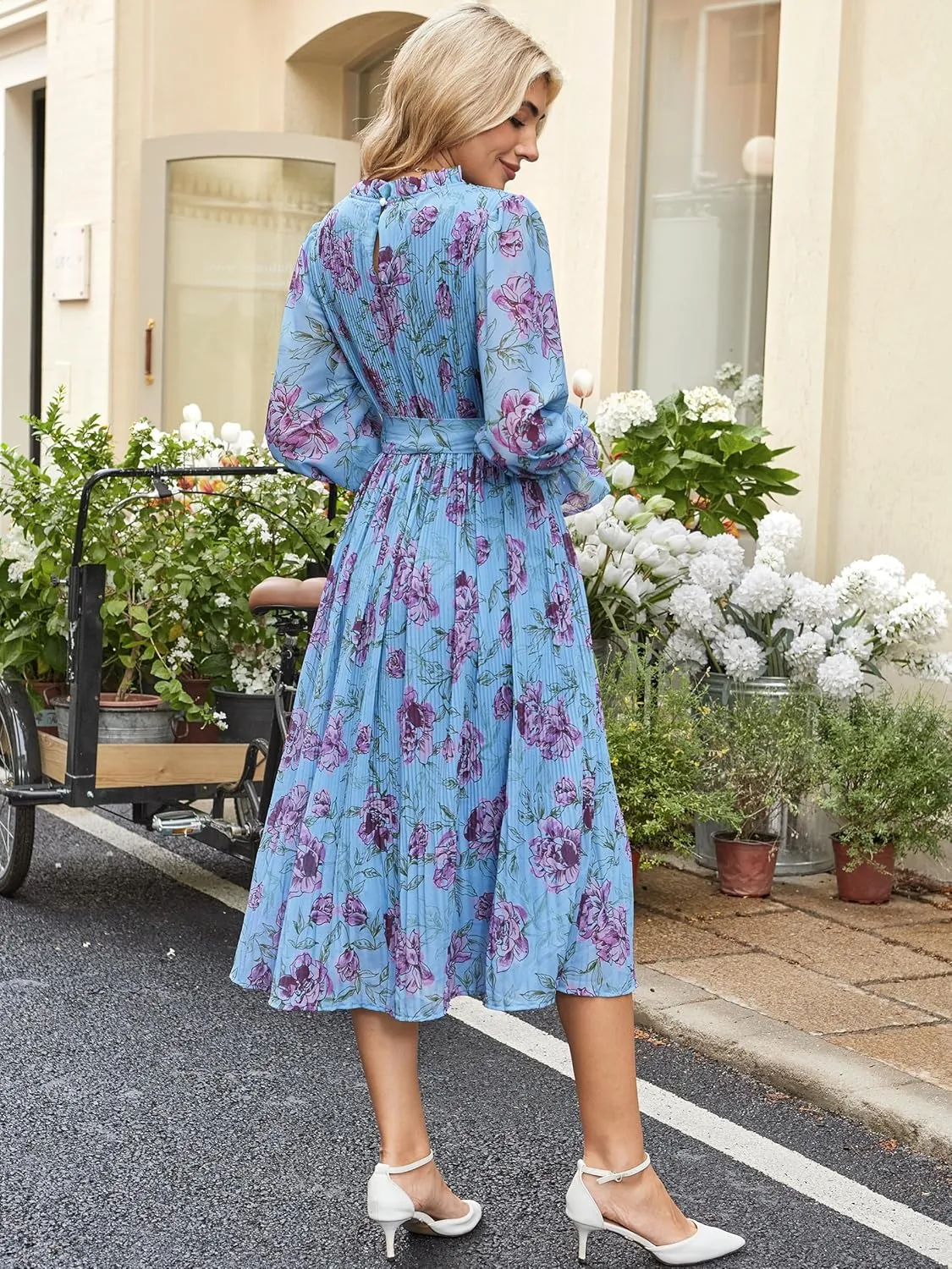 ANRABESS Women's Floral Midi Dress Puff Long Sleeve Casual Ruffle Chiffon A-Line Swing Pleated Belted Tea Party Dresses