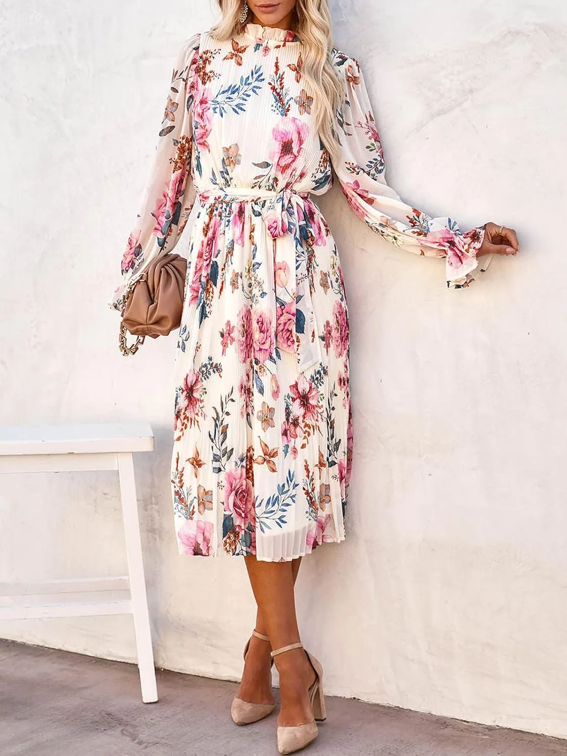 ANRABESS Women's Floral Midi Dress Puff Long Sleeve Casual Ruffle Chiffon A-Line Swing Pleated Belted Tea Party Dresses