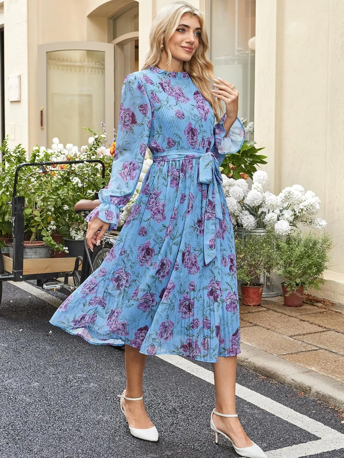 ANRABESS Women's Floral Midi Dress Puff Long Sleeve Casual Ruffle Chiffon A-Line Swing Pleated Belted Tea Party Dresses
