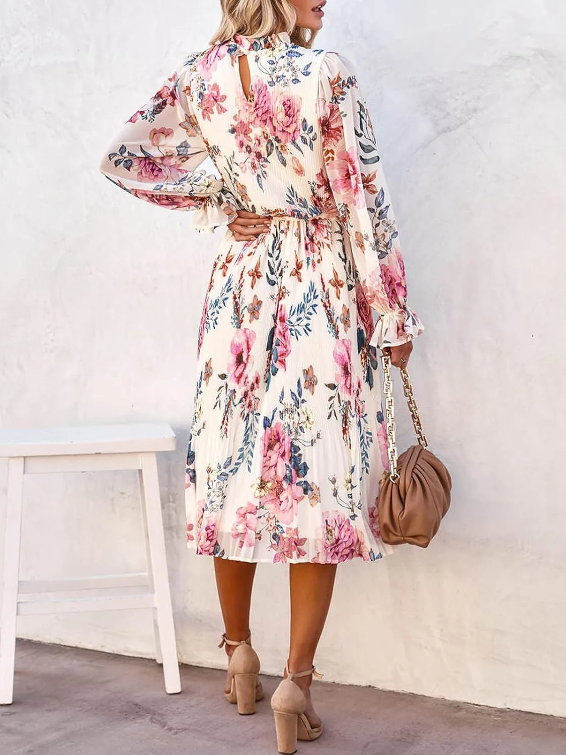 ANRABESS Women's Floral Midi Dress Puff Long Sleeve Casual Ruffle Chiffon A-Line Swing Pleated Belted Tea Party Dresses