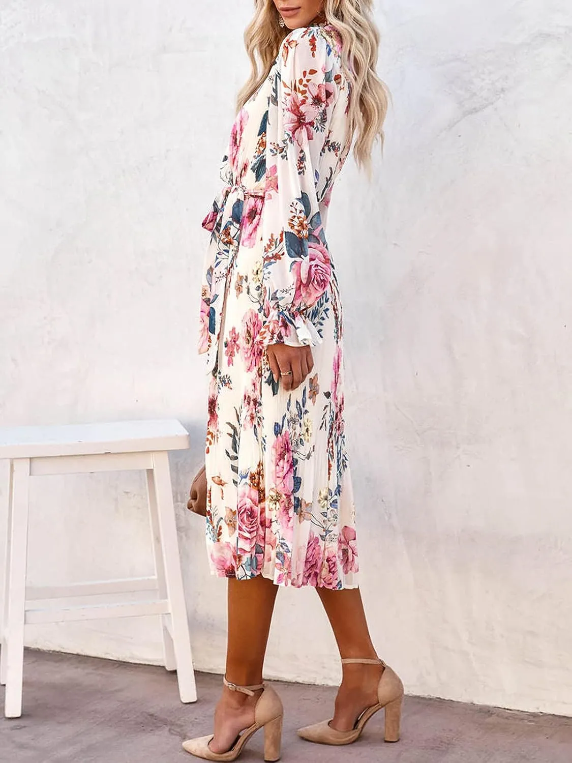 ANRABESS Women's Floral Midi Dress Puff Long Sleeve Casual Ruffle Chiffon A-Line Swing Pleated Belted Tea Party Dresses