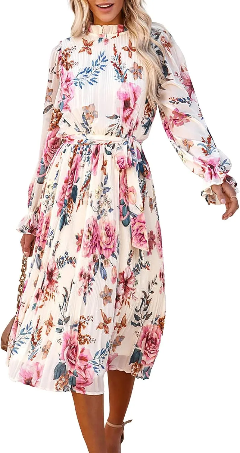 ANRABESS Women's Floral Midi Dress Puff Long Sleeve Casual Ruffle Chiffon A-Line Swing Pleated Belted Tea Party Dresses
