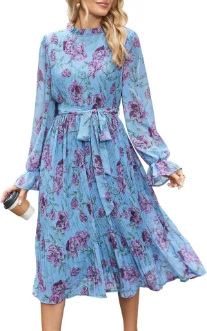 ANRABESS Women's Floral Midi Dress Puff Long Sleeve Casual Ruffle Chiffon A-Line Swing Pleated Belted Tea Party Dresses