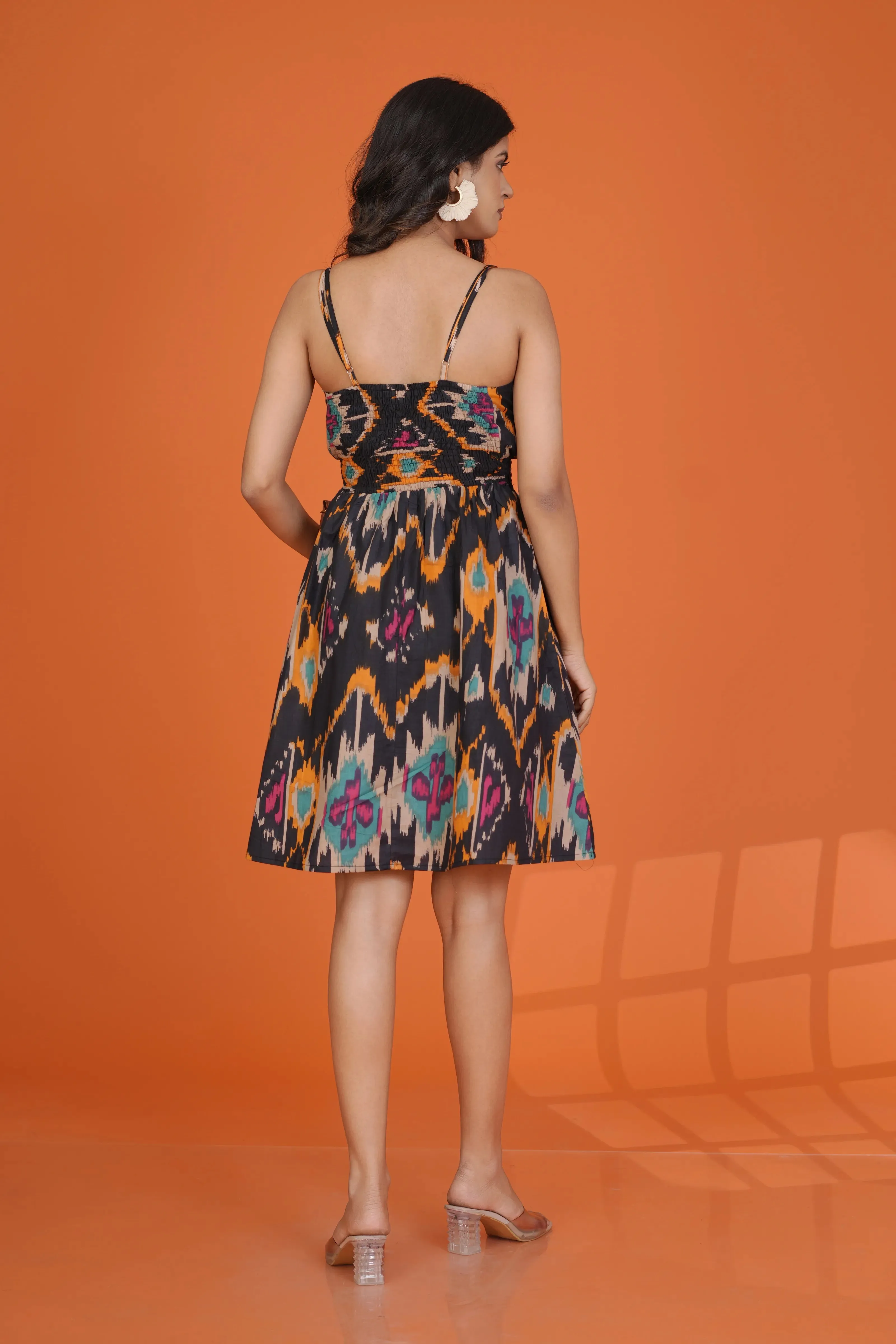 Black Strappy V-Neck Ikkat Printed Mini Dress in Cotton Cambric