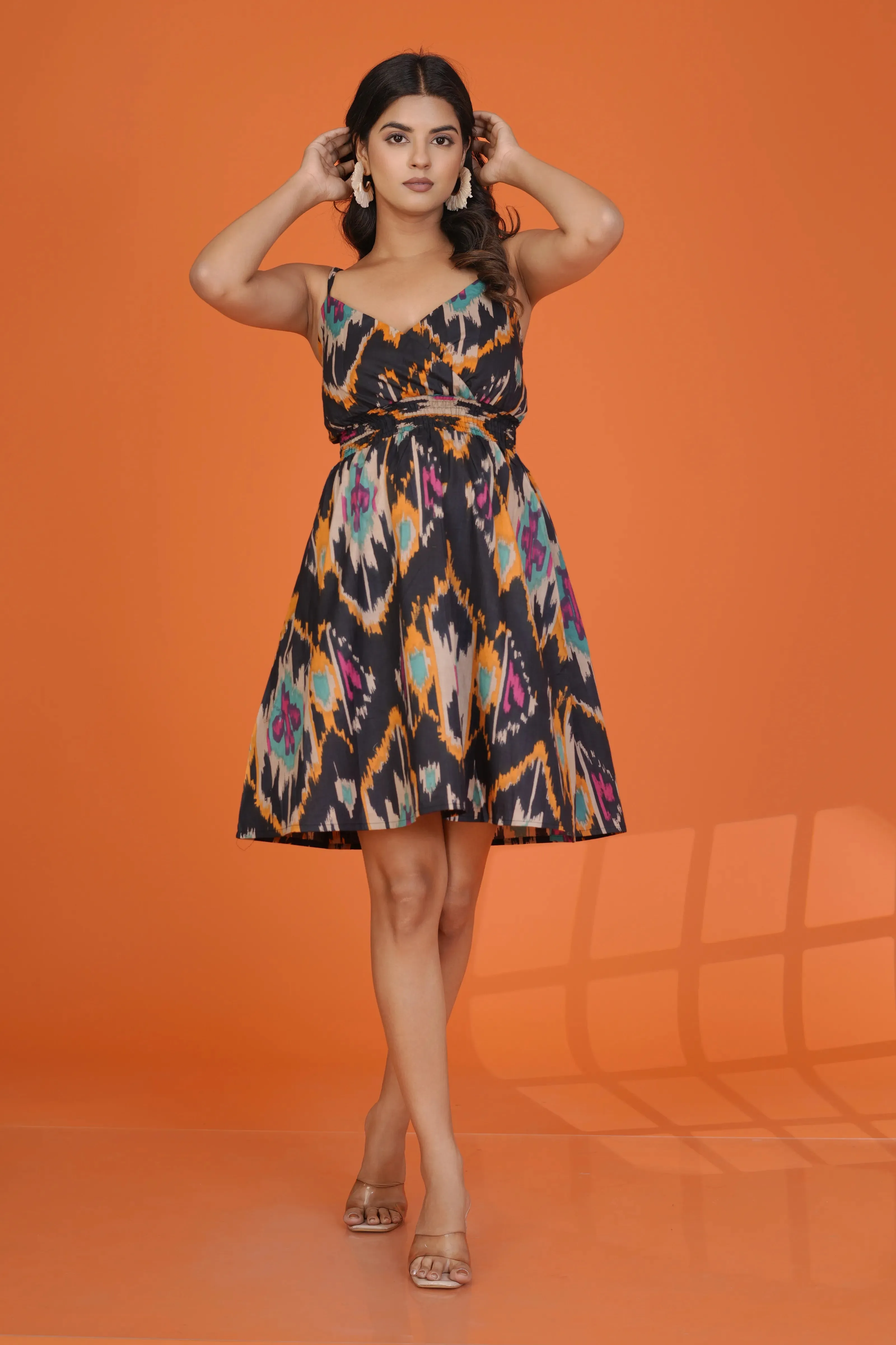 Black Strappy V-Neck Ikkat Printed Mini Dress in Cotton Cambric