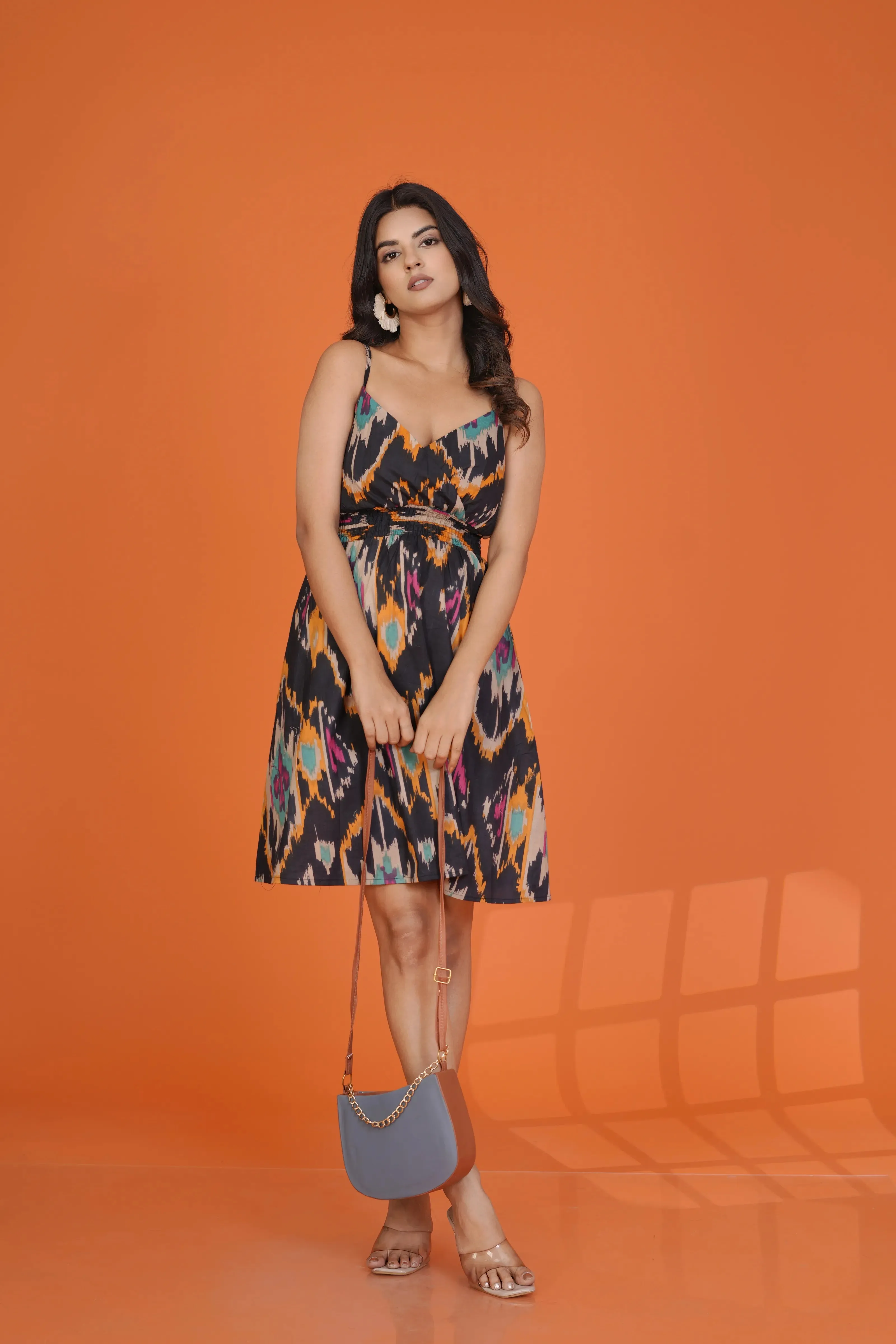 Black Strappy V-Neck Ikkat Printed Mini Dress in Cotton Cambric