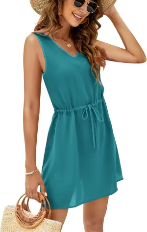 Bluetime Women Swimsuit Coverup Beach Dress V Neck Bathing Suit Cover Ups Sundress with Drawstring