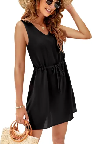 Bluetime Women Swimsuit Coverup Beach Dress V Neck Bathing Suit Cover Ups Sundress with Drawstring
