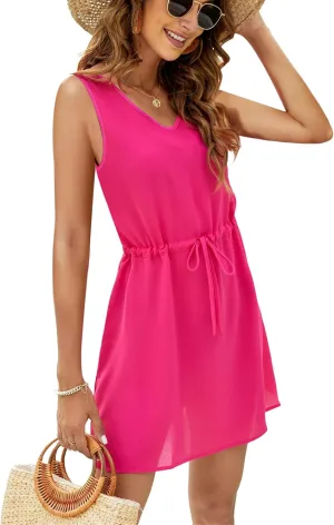 Bluetime Women Swimsuit Coverup Beach Dress V Neck Bathing Suit Cover Ups Sundress with Drawstring