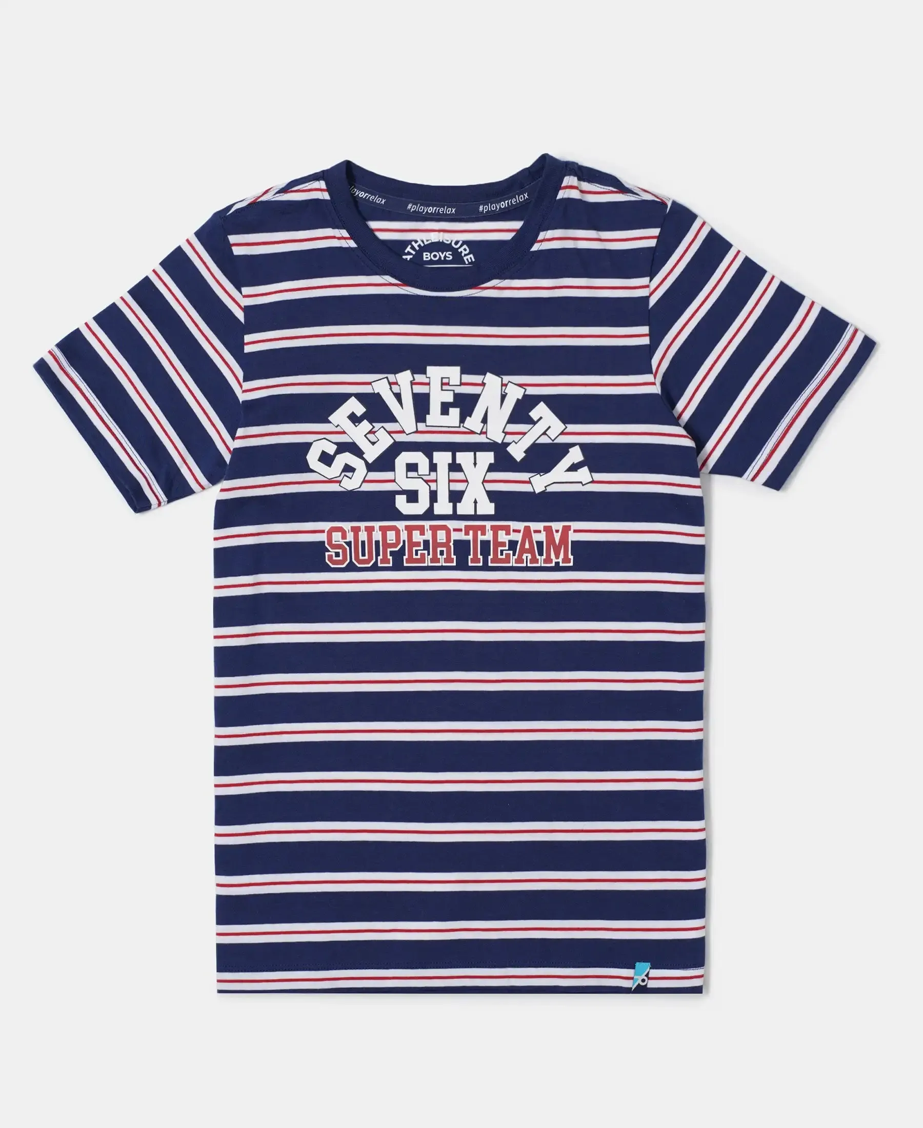 Boy's Super Combed Cotton Striped Graphic Printed Half Sleeve T-Shirt - Blue Depth