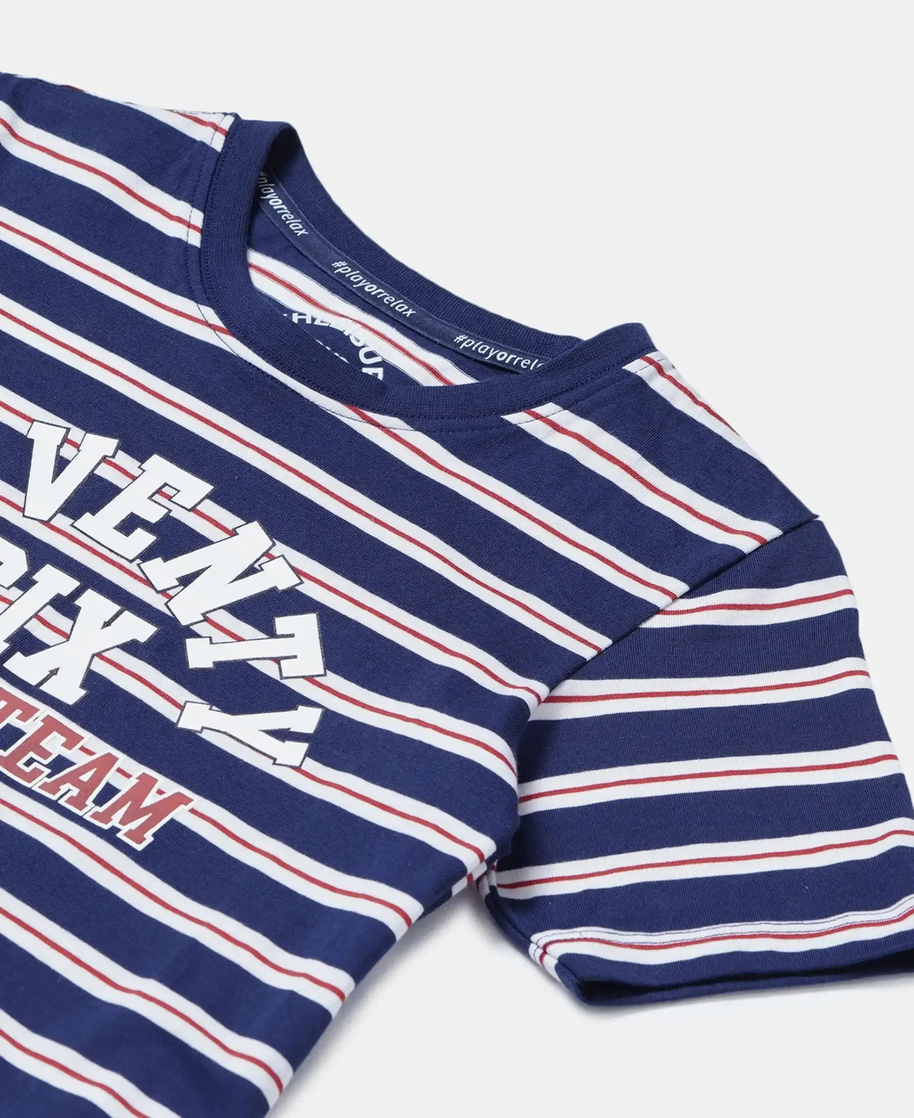 Boy's Super Combed Cotton Striped Graphic Printed Half Sleeve T-Shirt - Blue Depth
