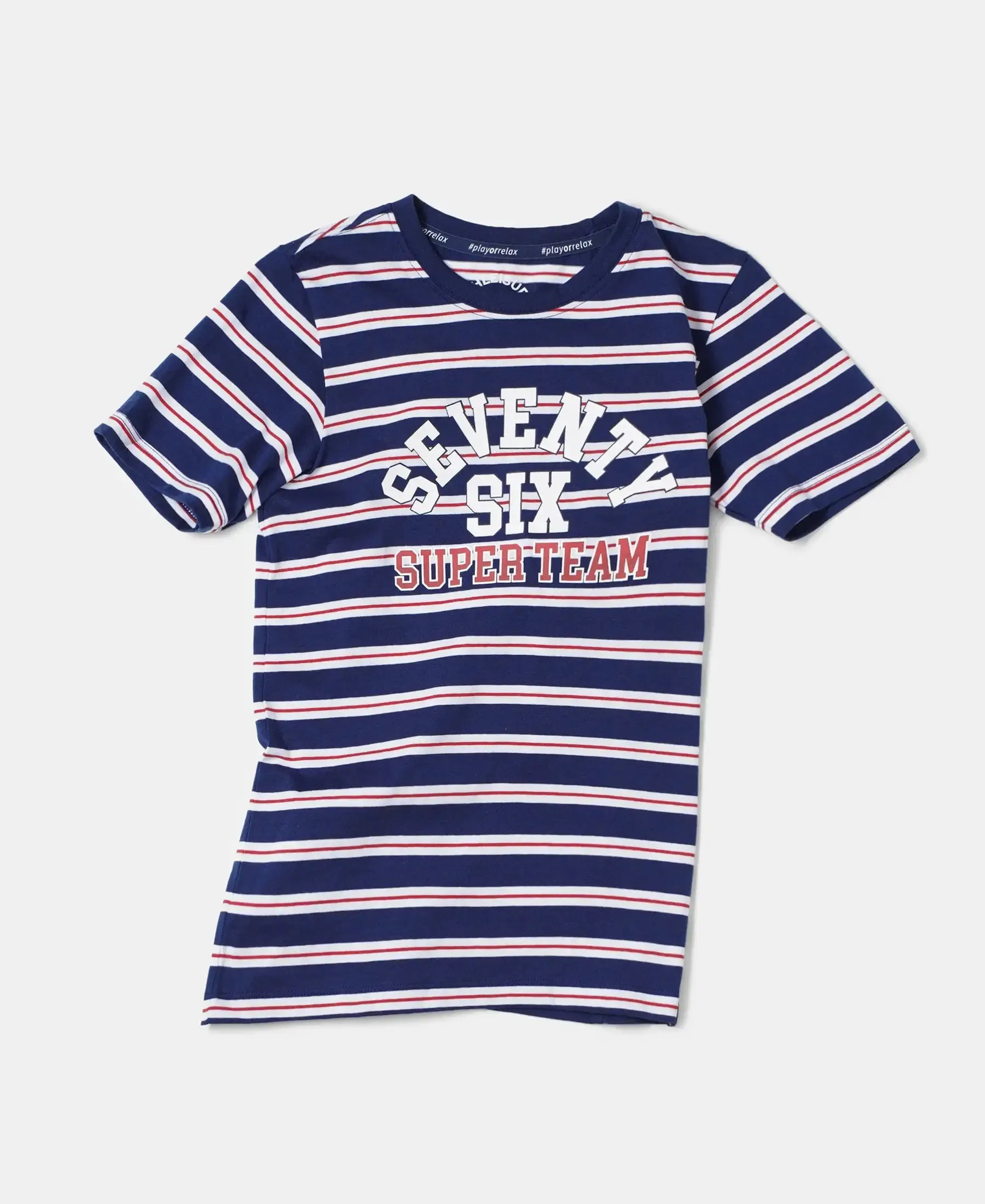 Boy's Super Combed Cotton Striped Graphic Printed Half Sleeve T-Shirt - Blue Depth