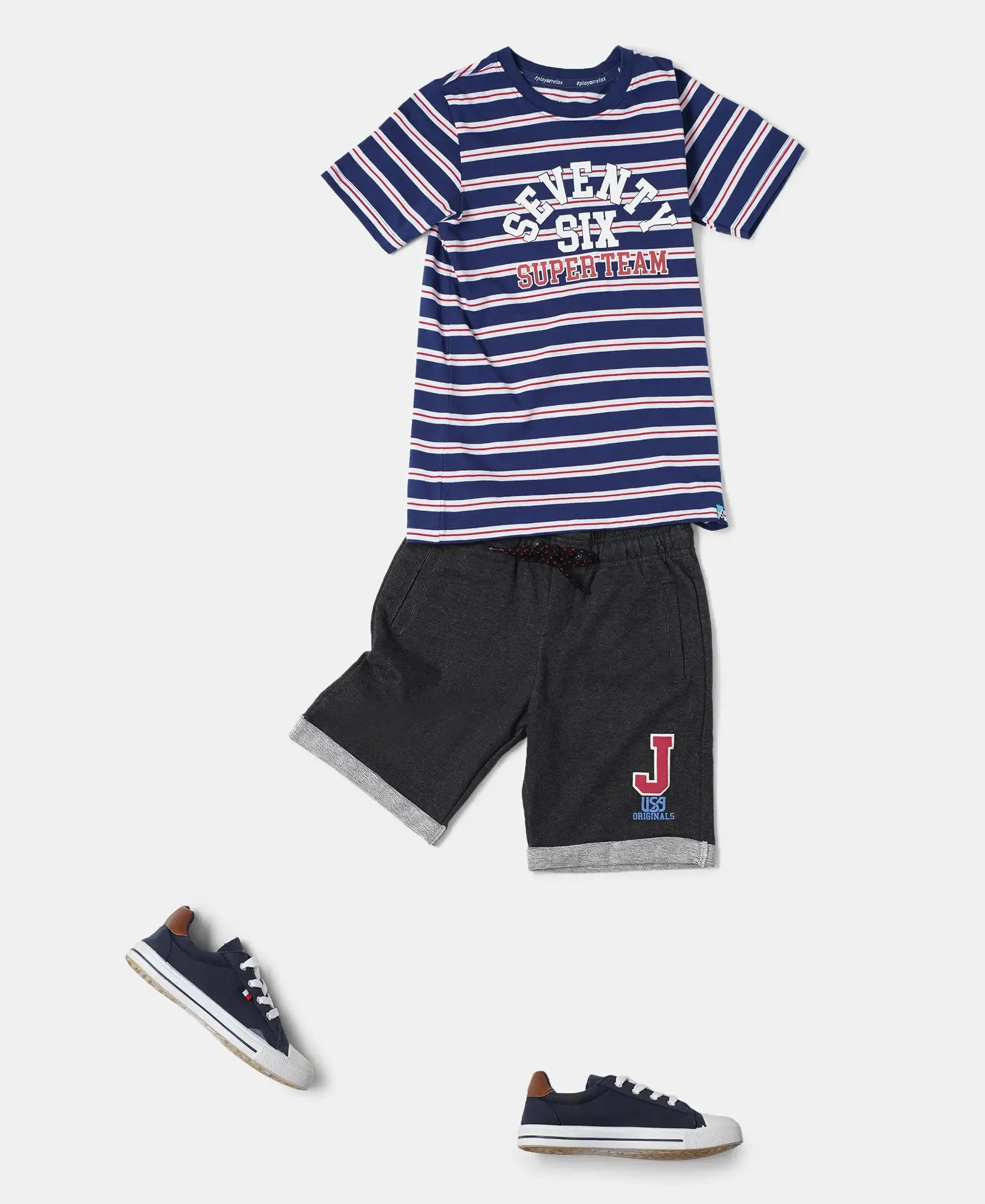 Boy's Super Combed Cotton Striped Graphic Printed Half Sleeve T-Shirt - Blue Depth