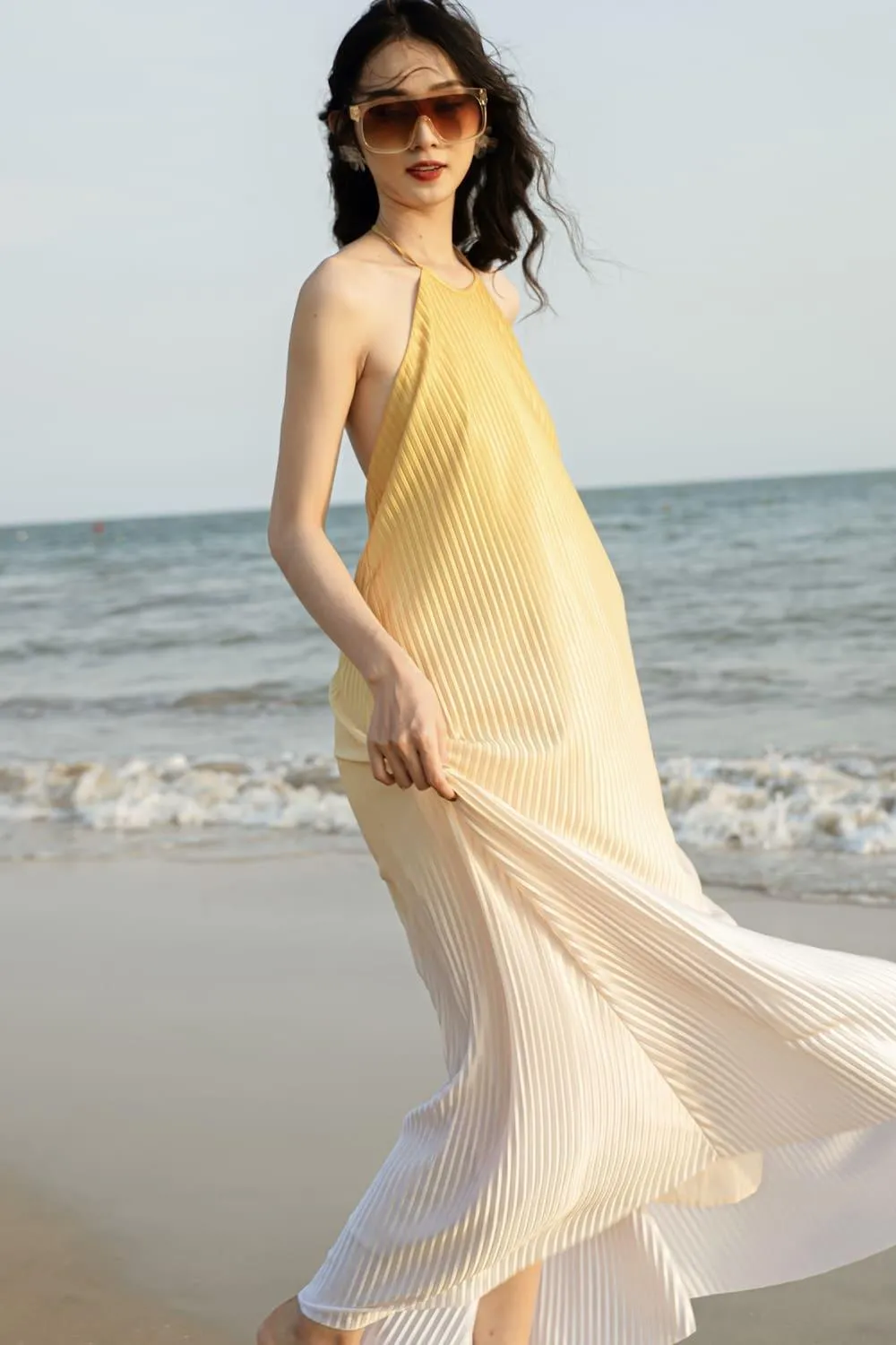 Brooklyn Pleated Halter Neck Silk Maxi Dress