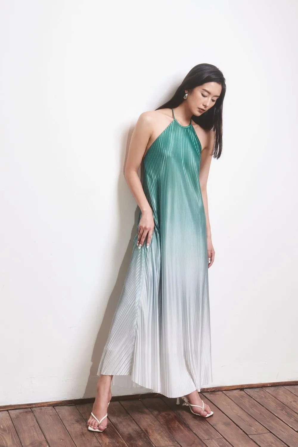 Brooklyn Pleated Halter Neck Silk Maxi Dress