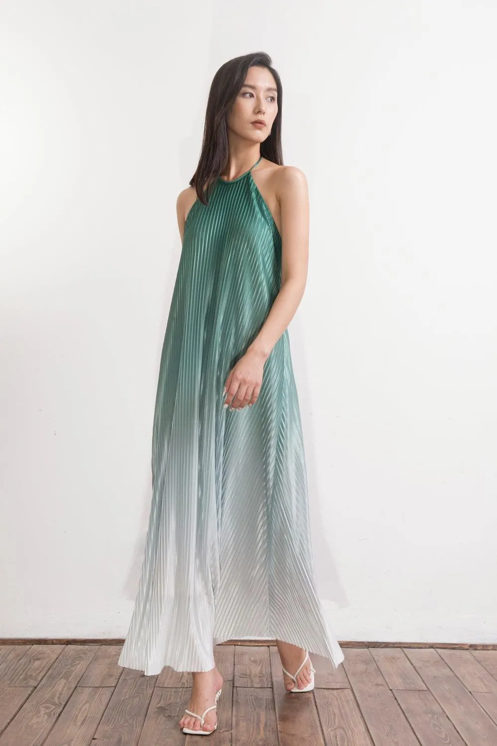 Brooklyn Pleated Halter Neck Silk Maxi Dress