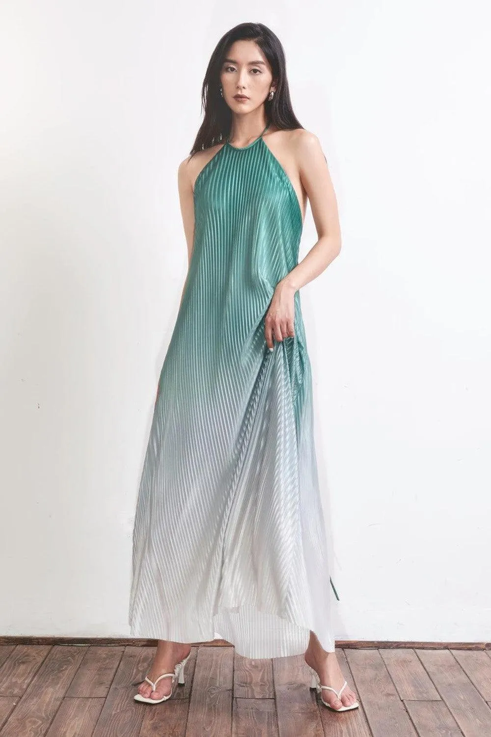 Brooklyn Pleated Halter Neck Silk Maxi Dress