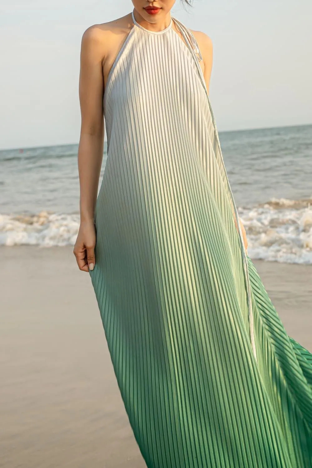 Brooklyn Pleated Halter Neck Silk Maxi Dress