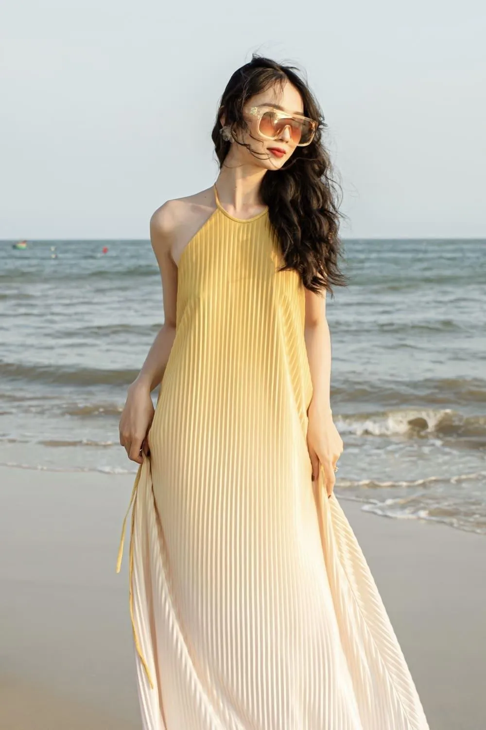 Brooklyn Pleated Halter Neck Silk Maxi Dress