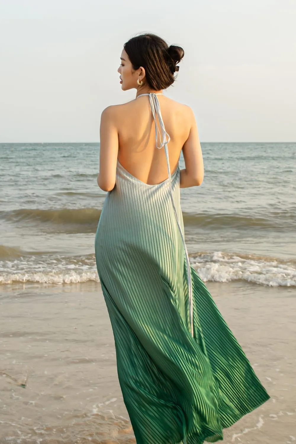 Brooklyn Pleated Halter Neck Silk Maxi Dress