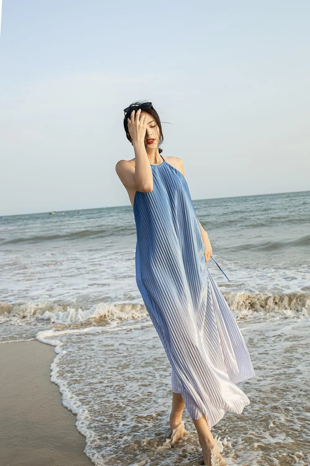 Brooklyn Pleated Halter Neck Silk Maxi Dress