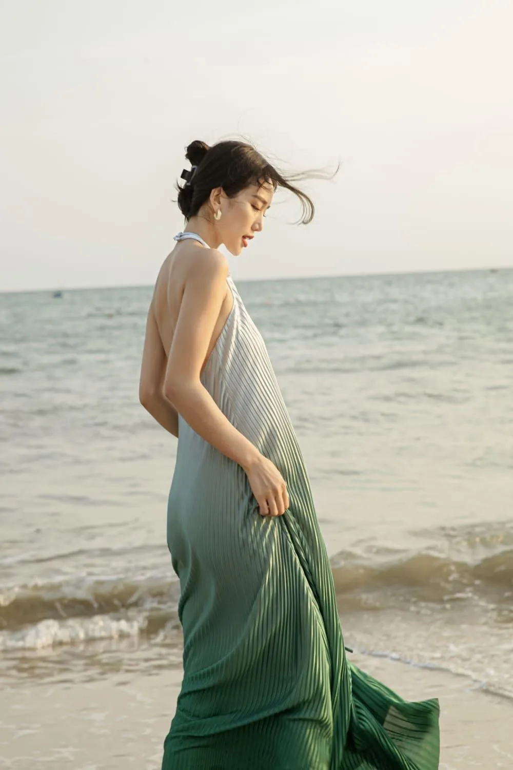 Brooklyn Pleated Halter Neck Silk Maxi Dress