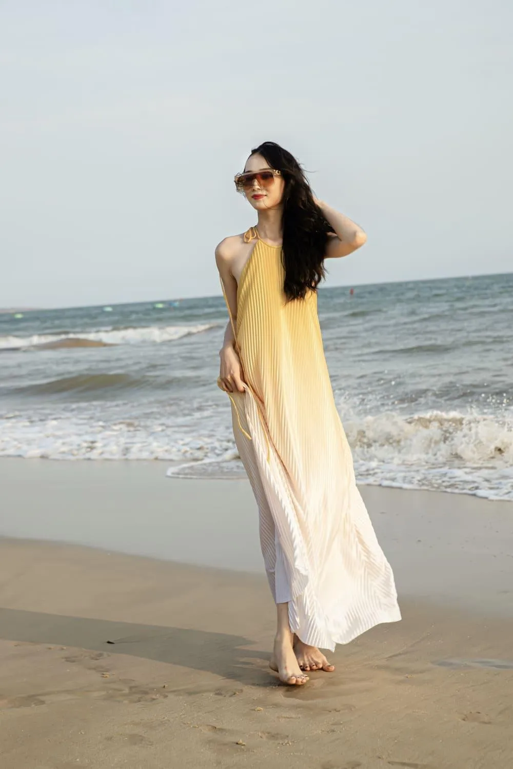 Brooklyn Pleated Halter Neck Silk Maxi Dress