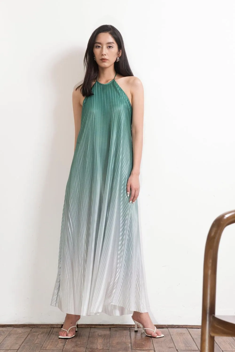 Brooklyn Pleated Halter Neck Silk Maxi Dress
