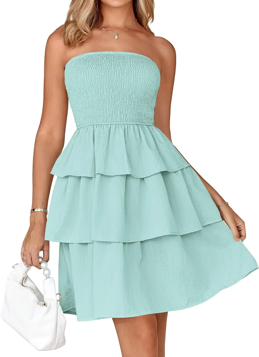 BTFBM 2025 Womens Summer Smocked Tube Dress Off Shoulder Strapless Casual Sundress Tiered Mini Beach Vacation Dresses