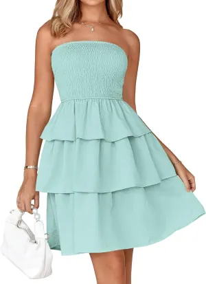 BTFBM 2025 Womens Summer Smocked Tube Dress Off Shoulder Strapless Casual Sundress Tiered Mini Beach Vacation Dresses