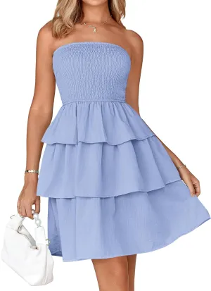 BTFBM 2025 Womens Summer Smocked Tube Dress Off Shoulder Strapless Casual Sundress Tiered Mini Beach Vacation Dresses