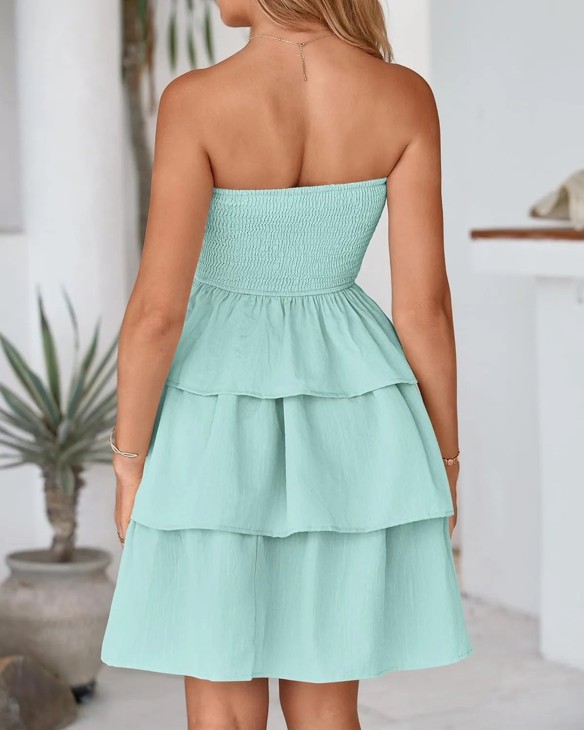 BTFBM 2025 Womens Summer Smocked Tube Dress Off Shoulder Strapless Casual Sundress Tiered Mini Beach Vacation Dresses