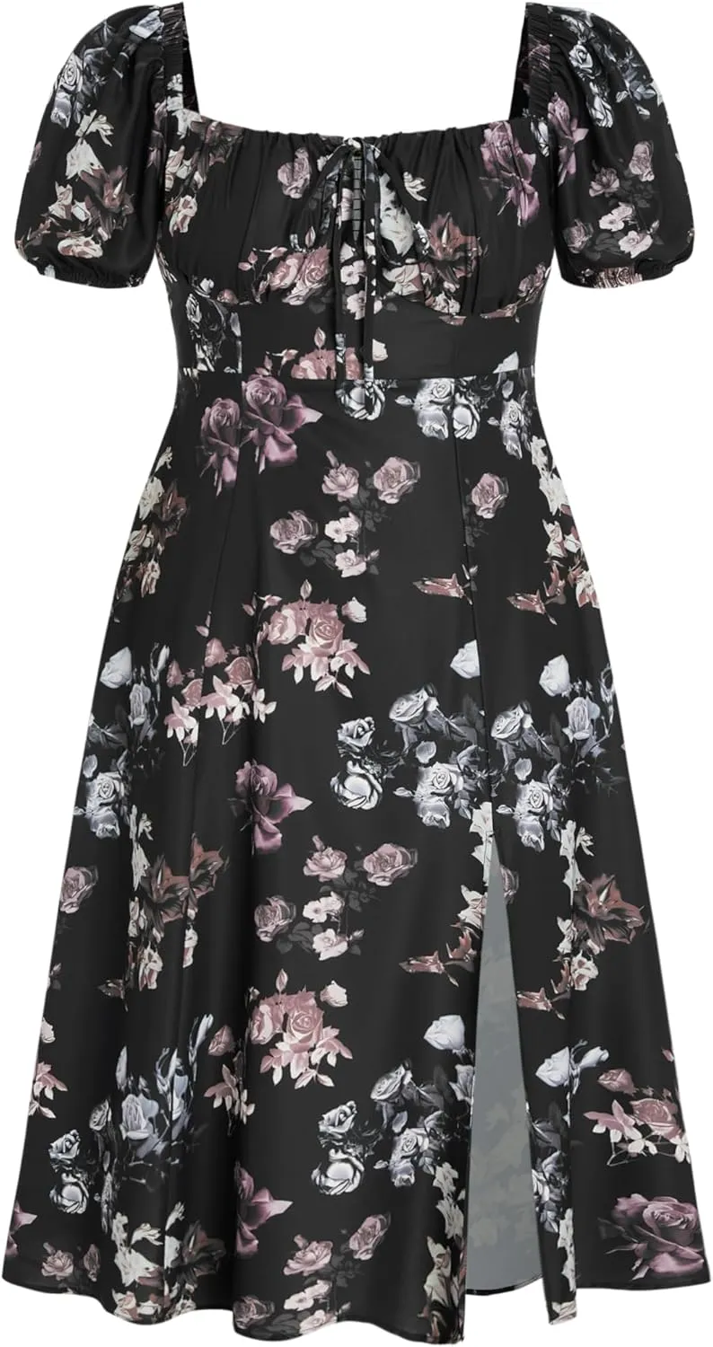 CIDER Plus Size Midi Dress Summer Fruit Patterned Square Neck Puff Sleeve Boho Vacation Casual Midi Dress for Curvy Women