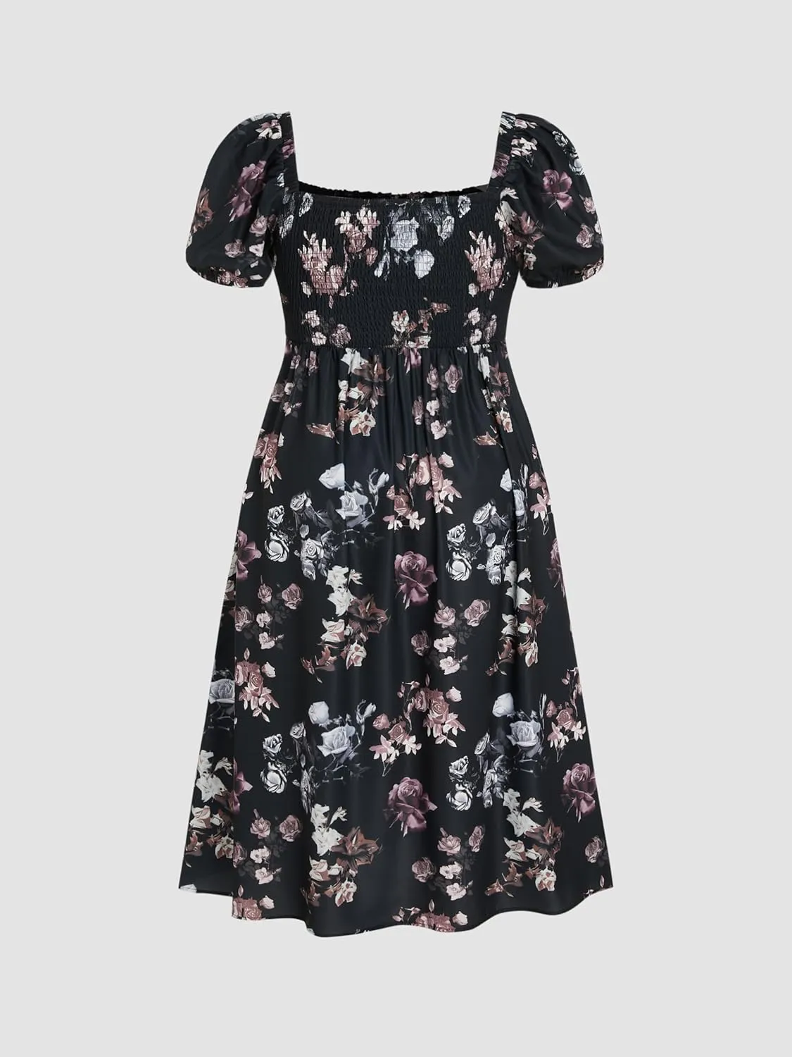 CIDER Plus Size Midi Dress Summer Fruit Patterned Square Neck Puff Sleeve Boho Vacation Casual Midi Dress for Curvy Women