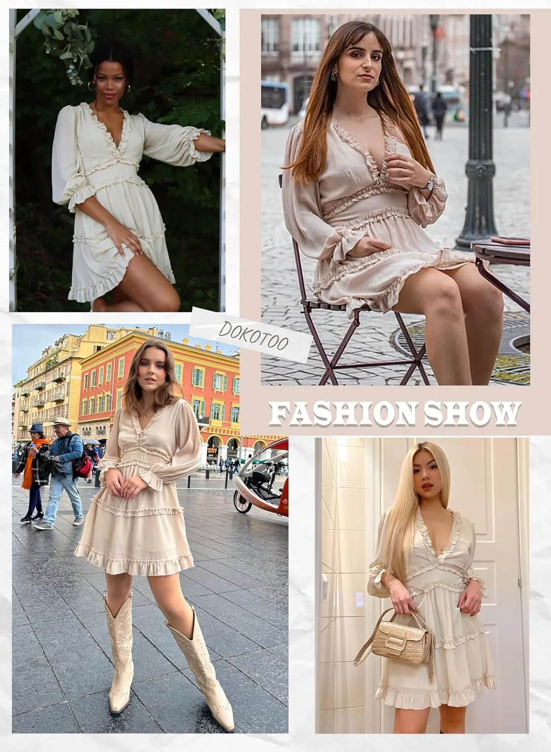 Dokotoo Womens 2025 Summer Spring Deep V Neck Ruffle Long Sleeve Open Back Flowy Mini Dress