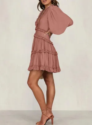 Dokotoo Womens 2025 Summer Spring Deep V Neck Ruffle Long Sleeve Open Back Flowy Mini Dress