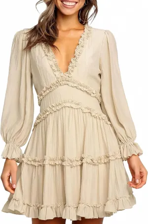 Dokotoo Womens 2025 Summer Spring Deep V Neck Ruffle Long Sleeve Open Back Flowy Mini Dress