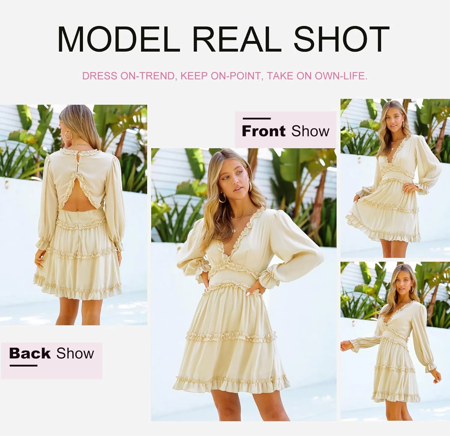Dokotoo Womens 2025 Summer Spring Deep V Neck Ruffle Long Sleeve Open Back Flowy Mini Dress