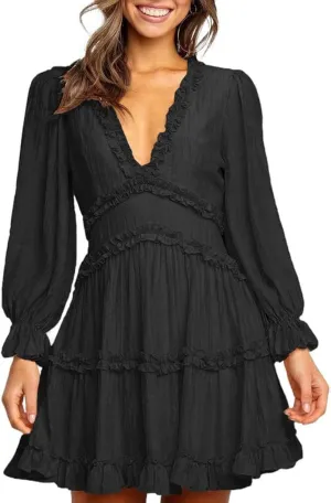 Dokotoo Womens 2025 Summer Spring Deep V Neck Ruffle Long Sleeve Open Back Flowy Mini Dress