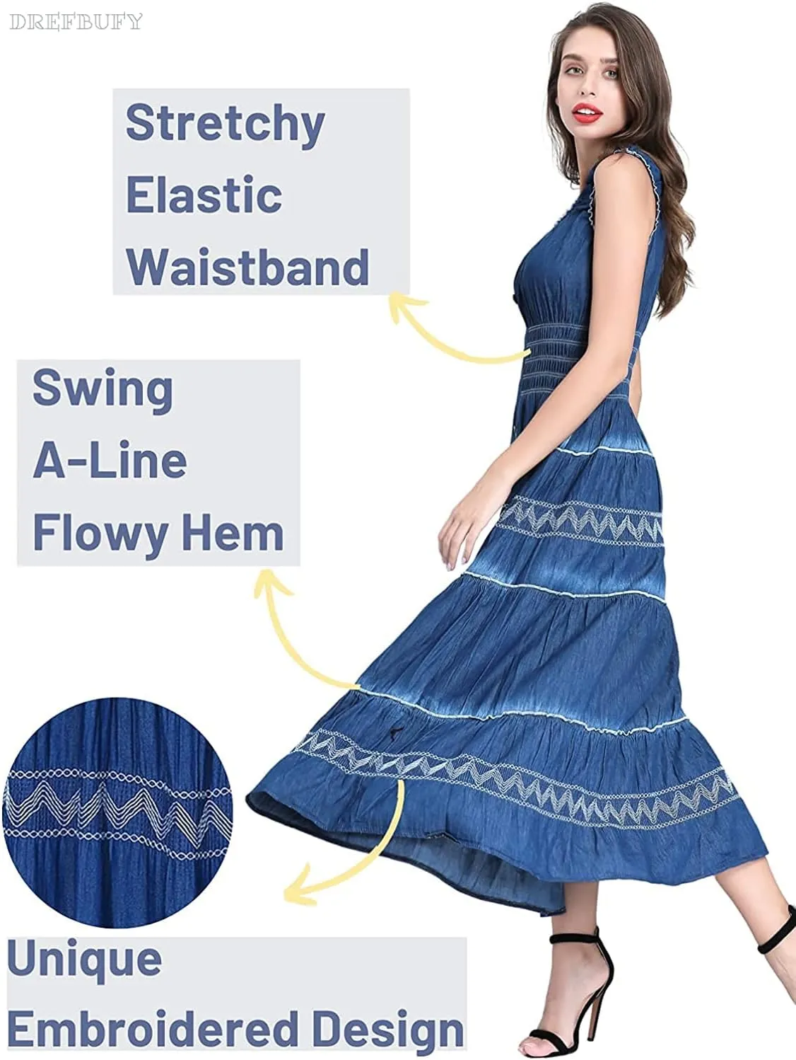 DREFBUFY Women's Maxi Dress Sleeveless Denim Long Summer A-line Casual Blue Cotton Boho Flowy Sundresses for Women