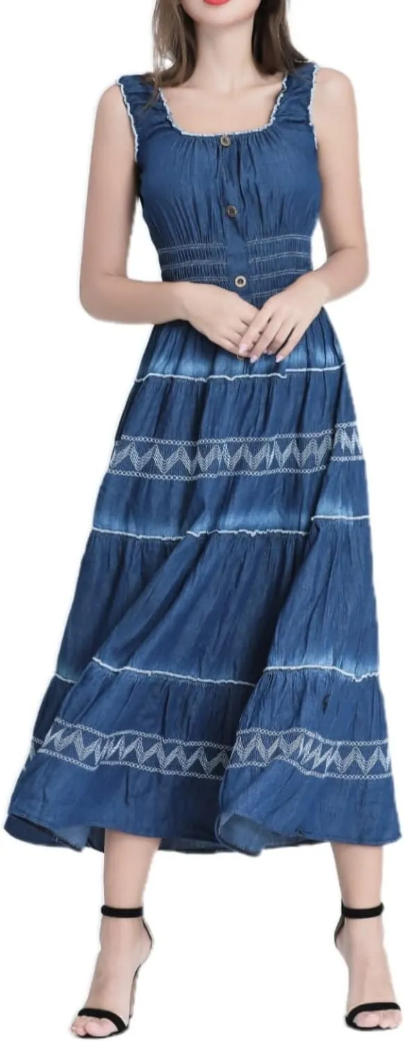 DREFBUFY Women's Maxi Dress Sleeveless Denim Long Summer A-line Casual Blue Cotton Boho Flowy Sundresses for Women