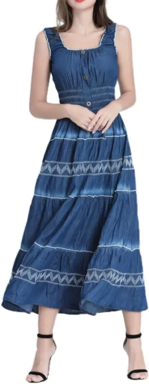 DREFBUFY Women's Maxi Dress Sleeveless Denim Long Summer A-line Casual Blue Cotton Boho Flowy Sundresses for Women